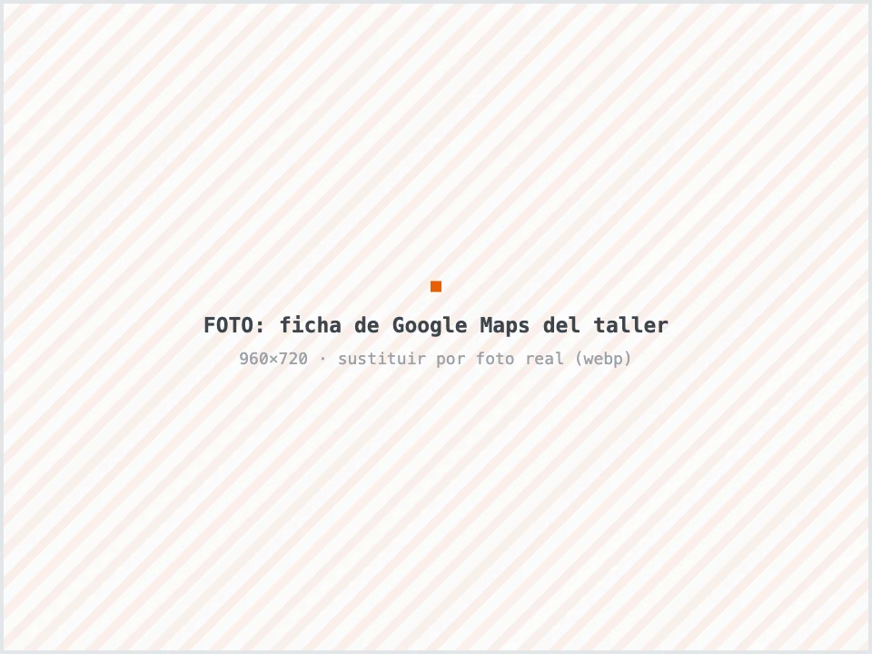 Ficha de Google Maps de un taller mecánico con reseñas de cinco estrellas en un móvil